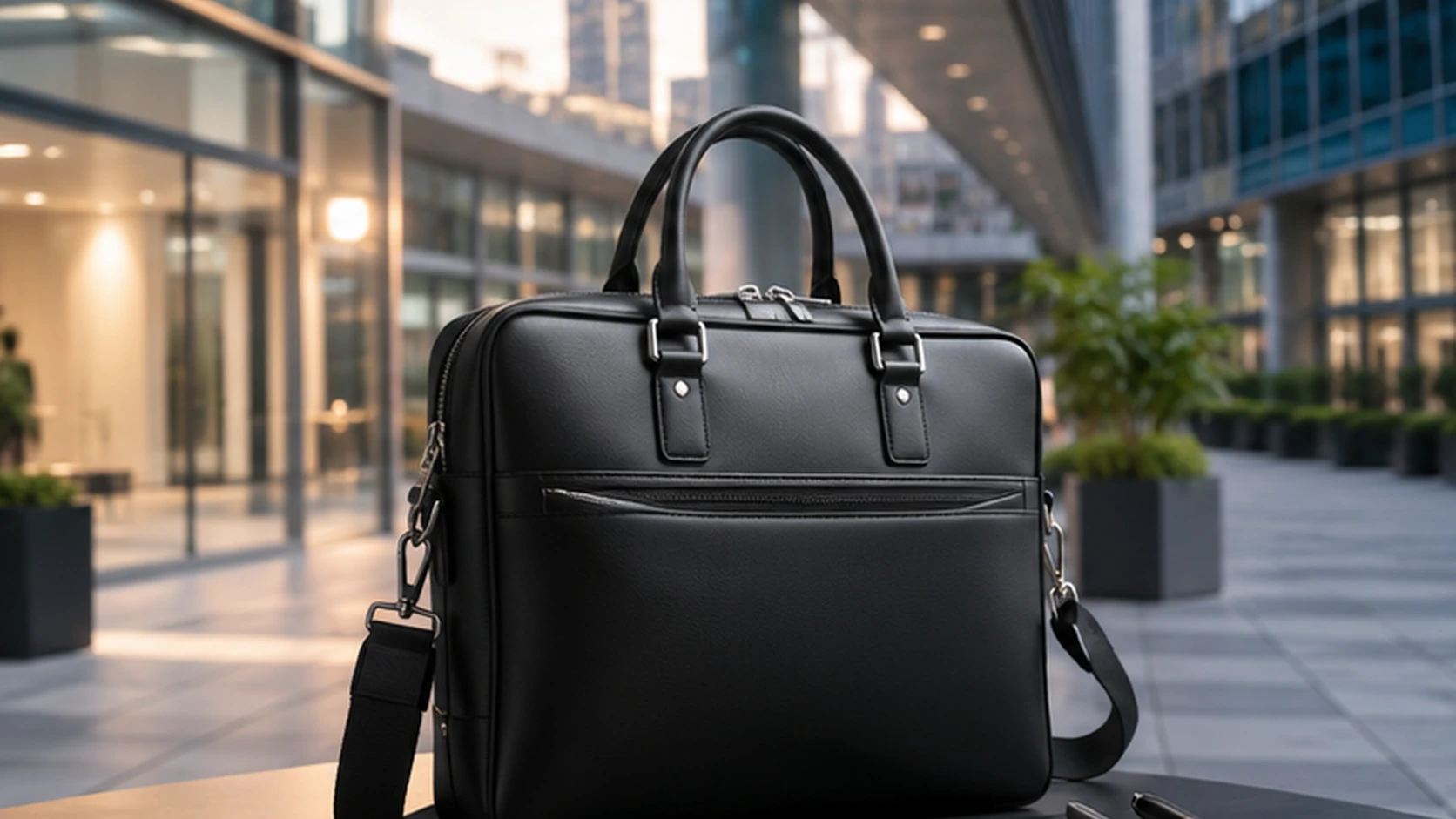 Businesstaschen für den Arbeitsalltag – schwarze Business-Tasche vor moderner Büroarchitektur