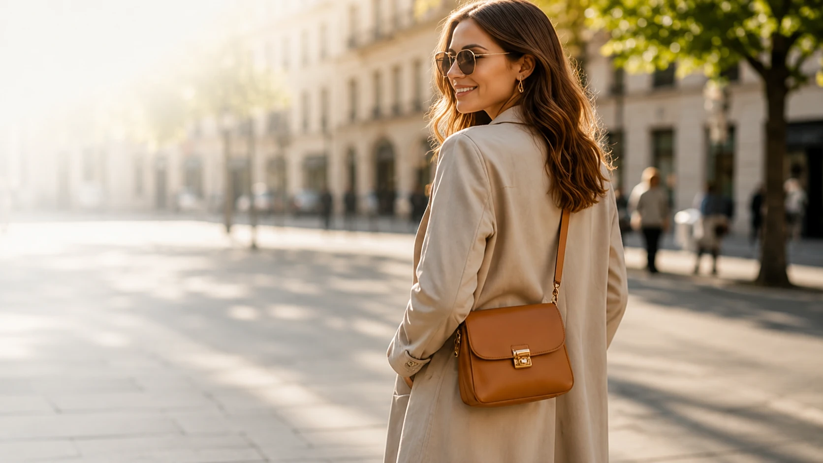 Crossbody-Taschen im Alltag – Frau mit brauner Crossbody-Tasche bei einem Stadtspaziergang