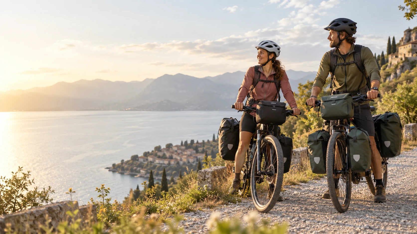 Fahrradtaschen für Tour und Reise – Paar mit Tourenrädern und Fahrradgepäck