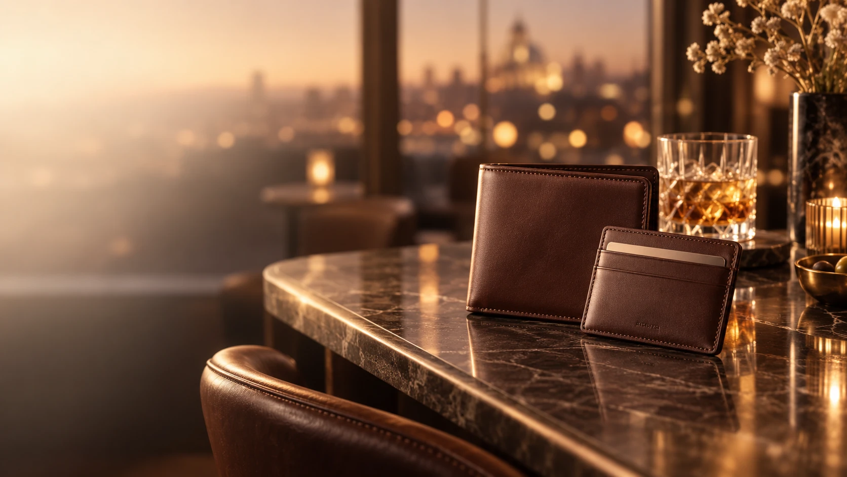 Geldbörsen & Kartenetuis – hochwertige Lederaccessoires an einer eleganten Bar