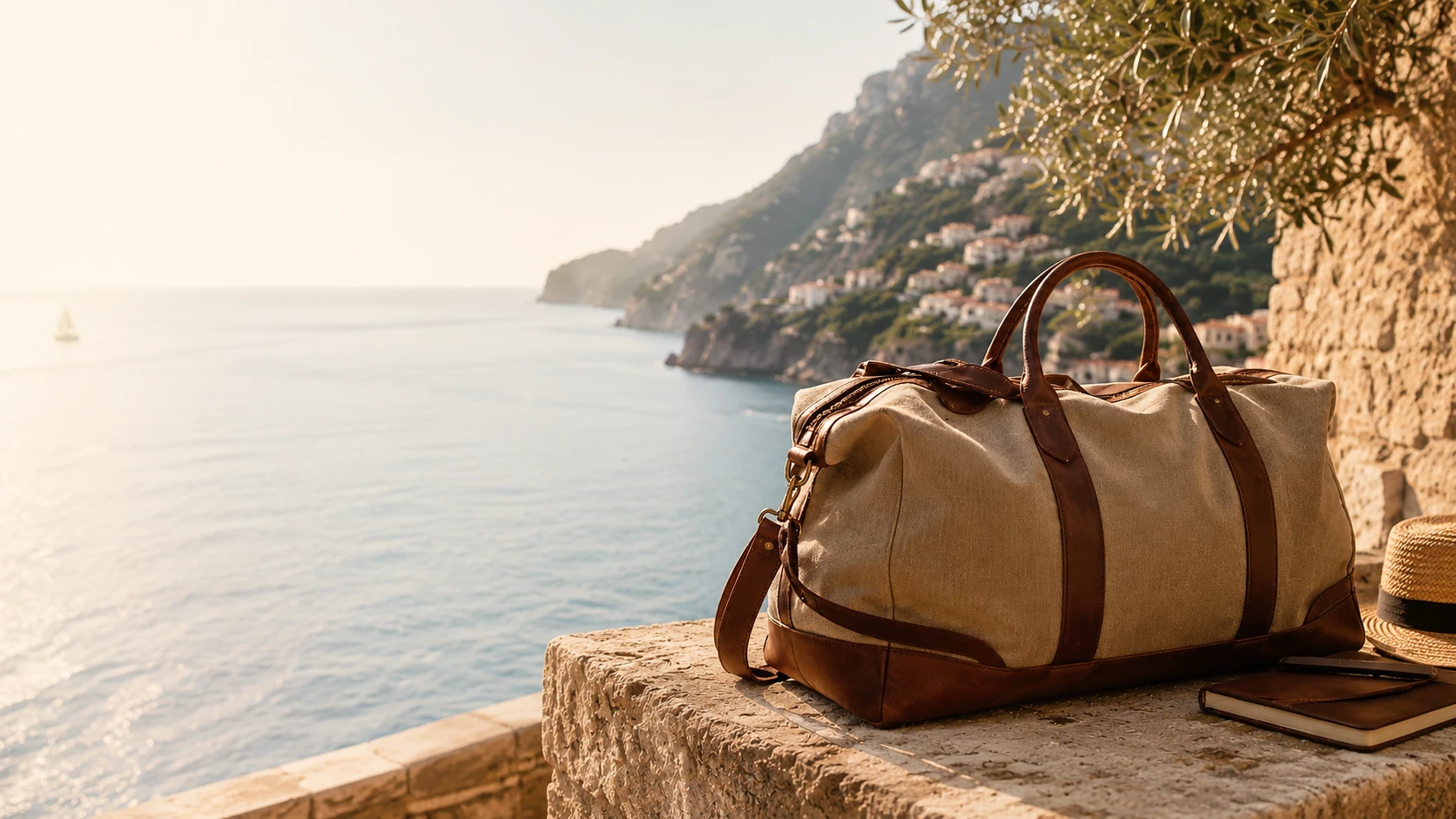 Reisetaschen & Weekender für unterwegs – Reisetasche vor mediterraner Küstenlandschaft