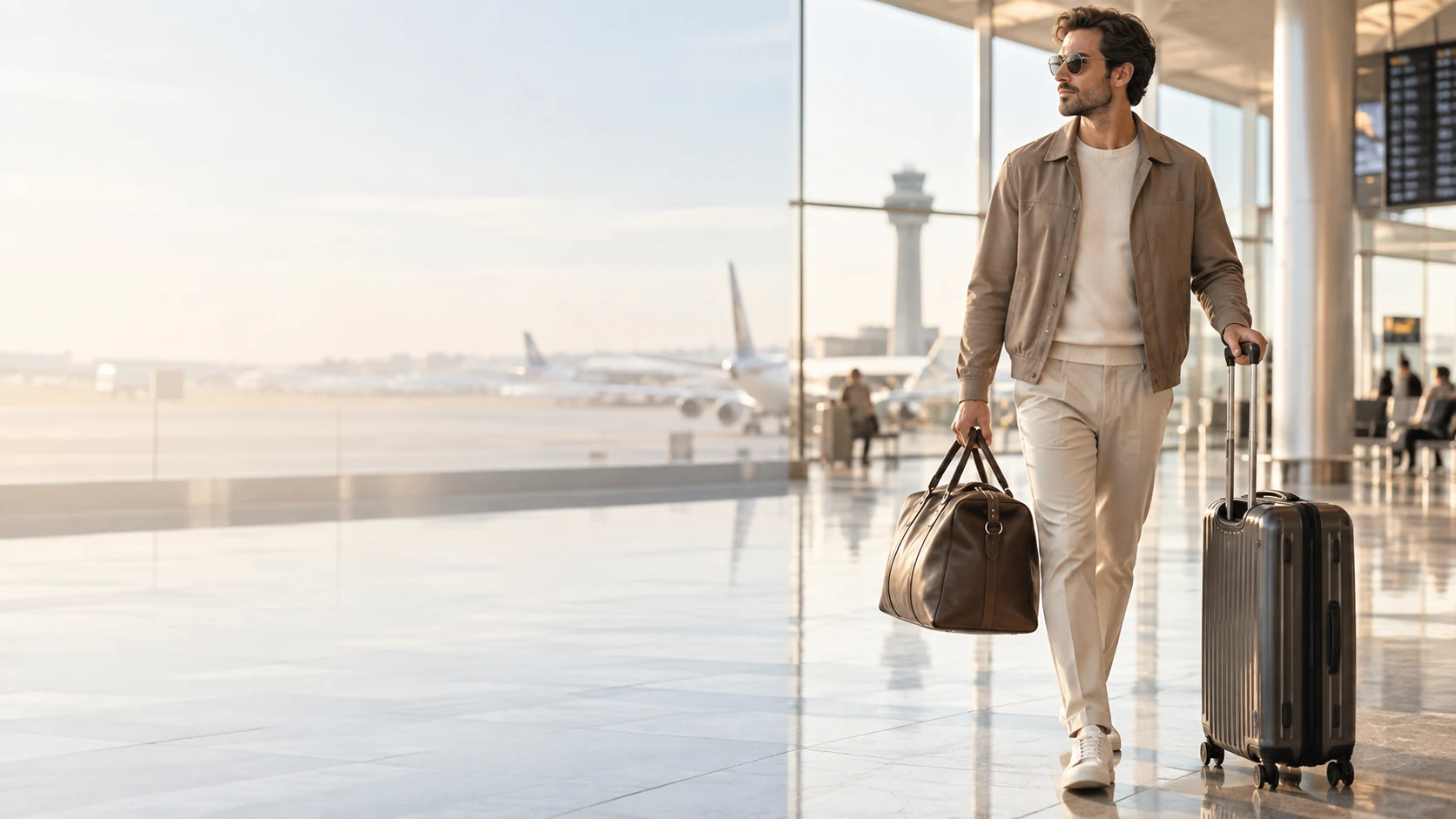 Reisetaschen für unterwegs – Mann mit Reisetasche und Trolley im Flughafenterminal