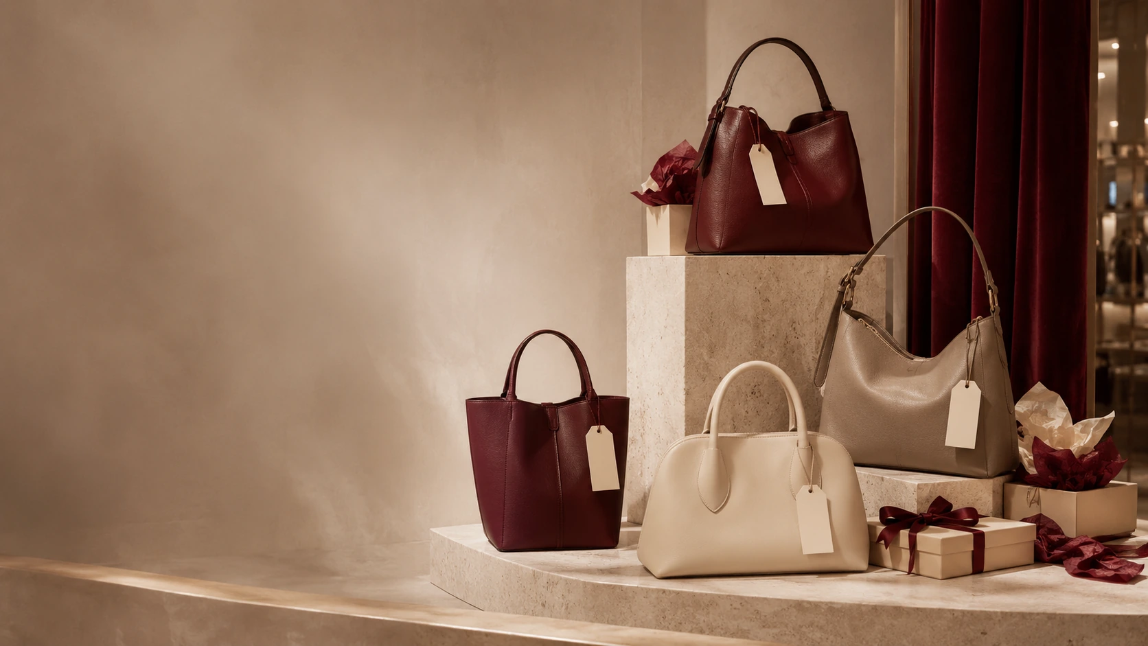 Taschen in dekoriertem Schaufenster mit Sale-Hinweis