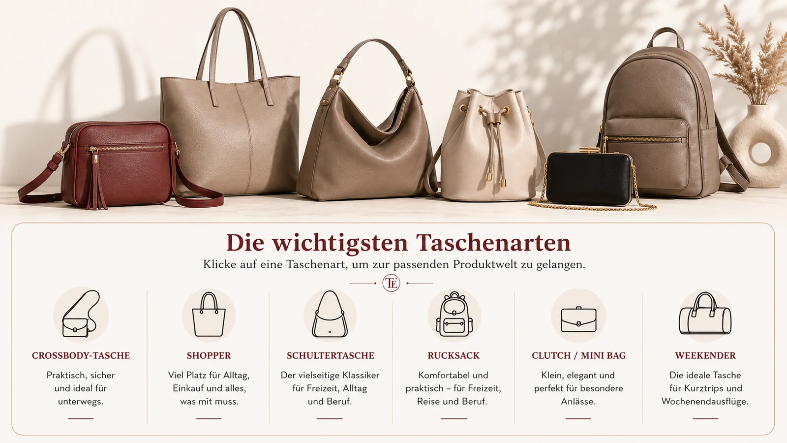 Übersicht wichtiger Taschenarten mit Crossbody-Tasche, Shopper, Schultertasche, Rucksack, Clutch und Weekender