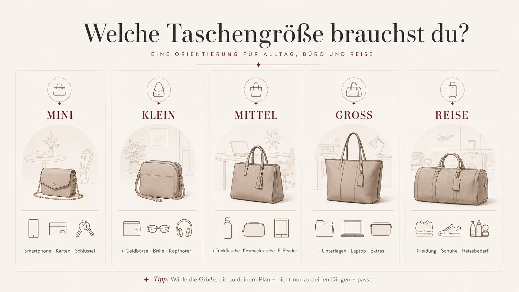 Übersicht verschiedener Taschengrößen von Mini über Klein und Mittel bis Groß und Reise