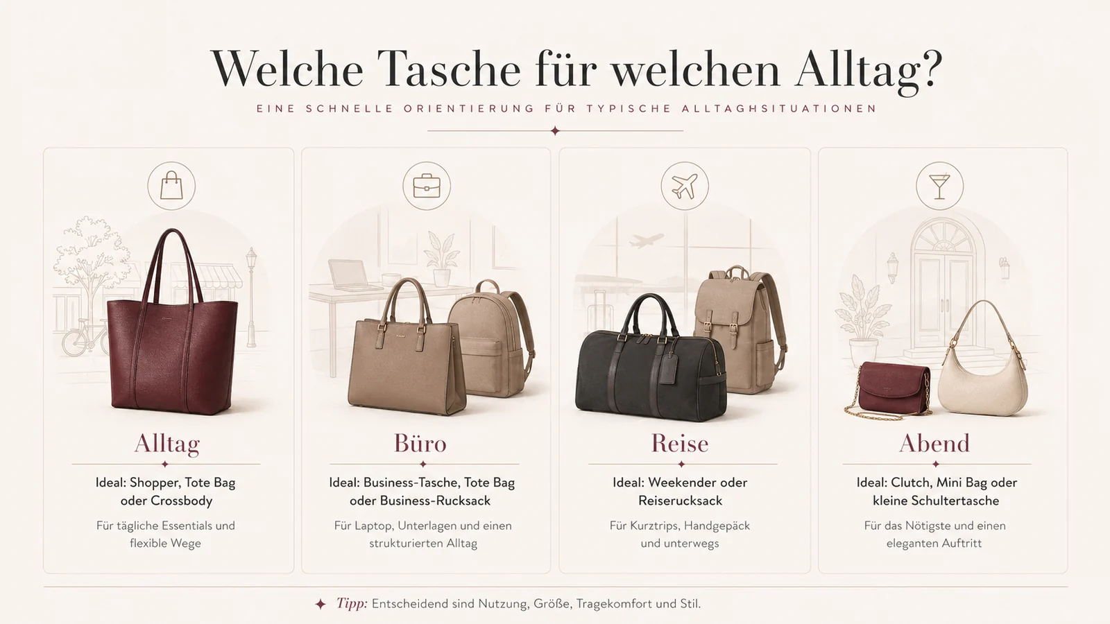 Übersicht passender Taschenarten für Alltag, Büro, Reise und Abend