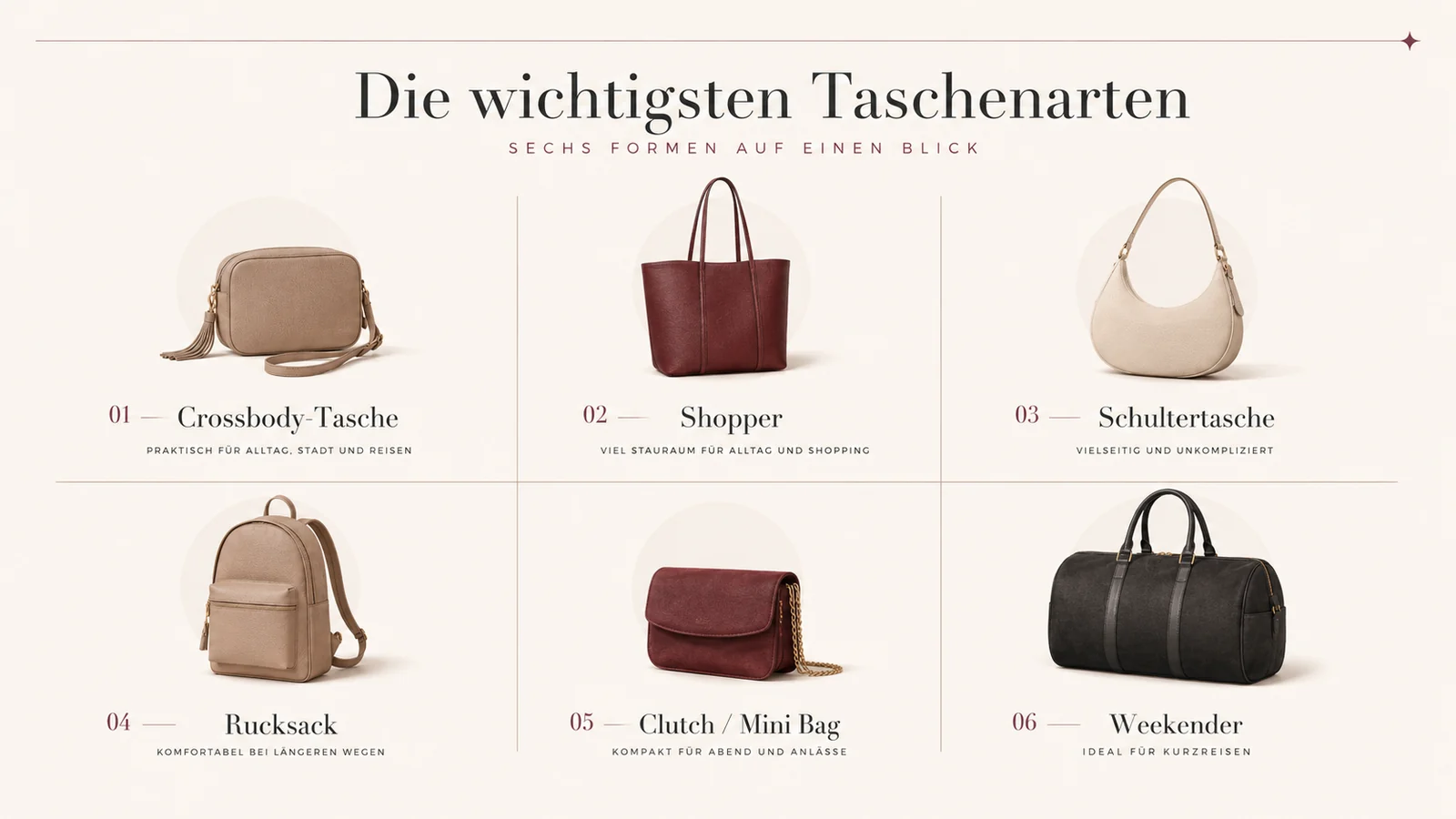 Vergleich von Crossbody-Tasche, Shopper, Schultertasche, Rucksack, Clutch und Weekender