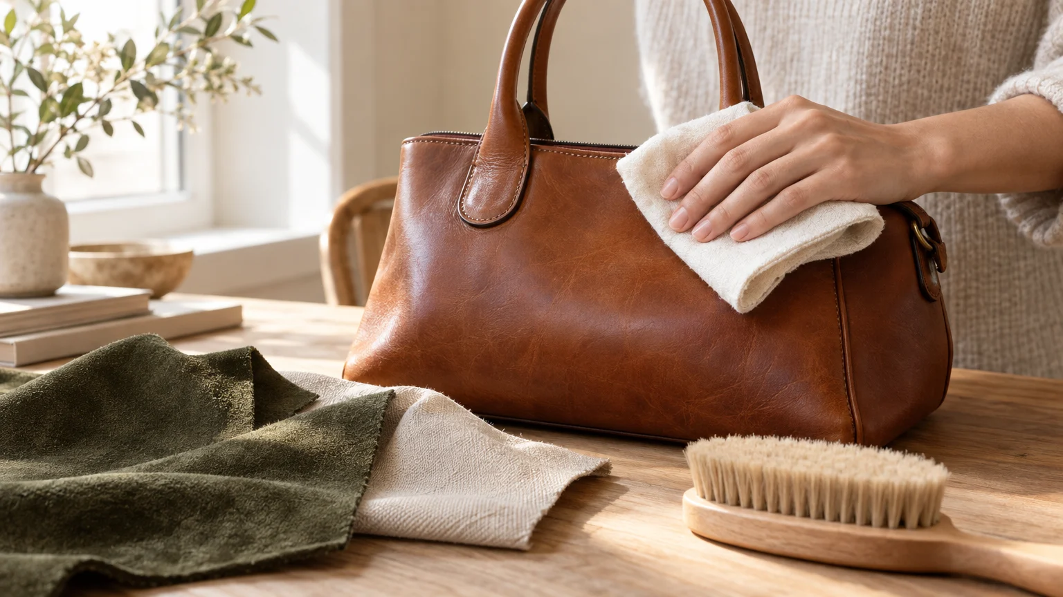 Hand reinigt eine unmarkierte Glattledertasche vorsichtig mit einem weichen Tuch neben Rauleder und Canvas.