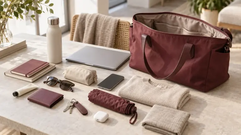 Offener neutraler Tagesrucksack mit Laptop, Lunchbox, Jacke und weiteren Alltagsgegenständen beim Packen.