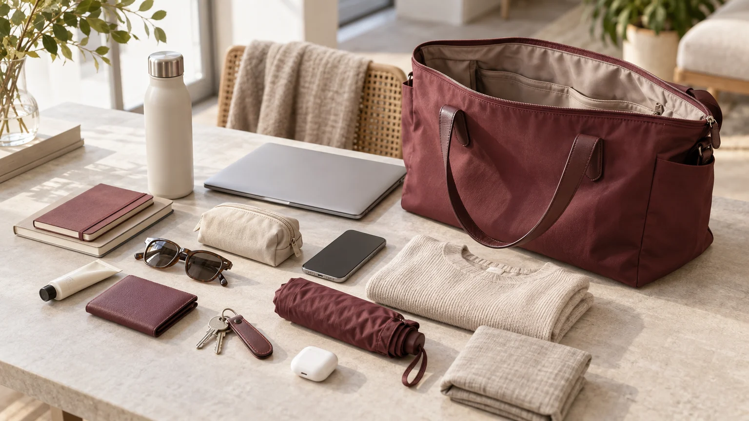 Offener neutraler Tagesrucksack mit Laptop, Lunchbox, Jacke und weiteren Alltagsgegenständen beim Packen.