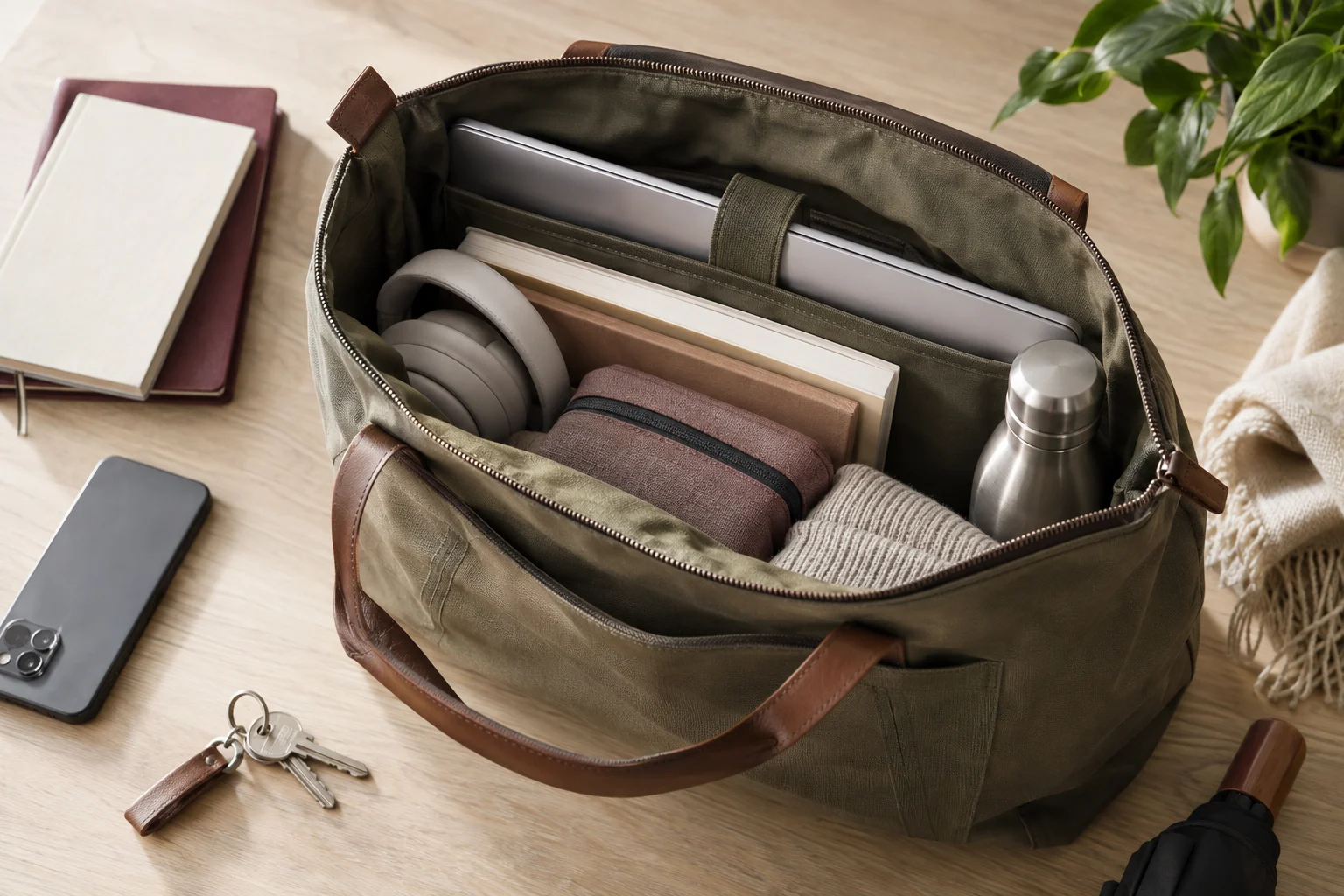 Weit geöffnete Tasche neben Laptop, flachem Ordner und Lunchbox als Beispiel für unterschiedlich geformtes Packgut.