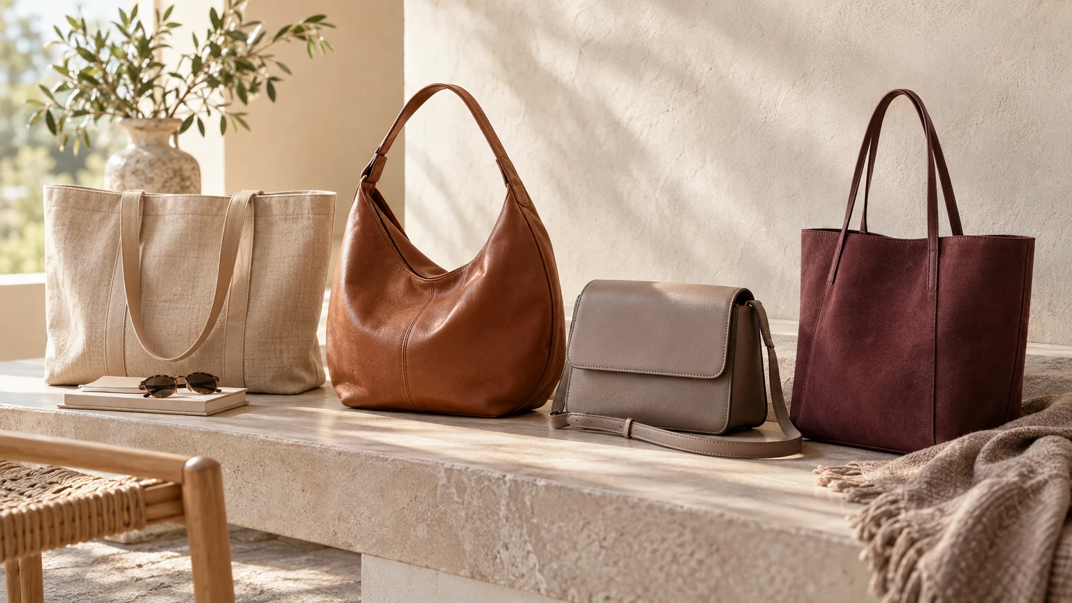 Vier unterschiedlich geformte Taschen ohne Markenlogo liegen als Stillleben nebeneinander: eine Tote, ein geräumiger Shopper, eine weiche Hobo Bag und eine kleine Umhängetasche mit langem Riemen.
