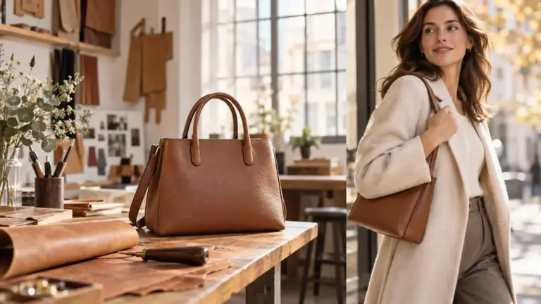Schlichte Ledertasche auf einer hellen Werkbank in einem ruhigen Atelierkontext.