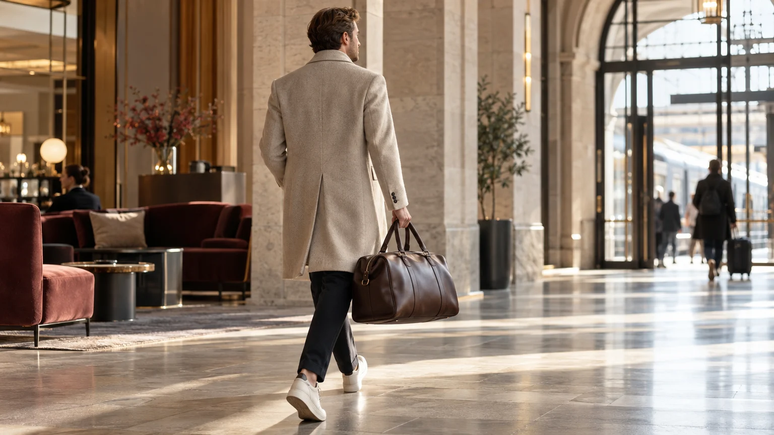 Elegant gekleidete Person mit unmarkiertem Weekender in heller europäischer Architektur.