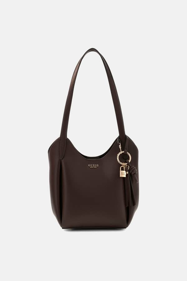 Braune Guess Melody Bucket Bag mit goldfarbenen Metallbeschlägen