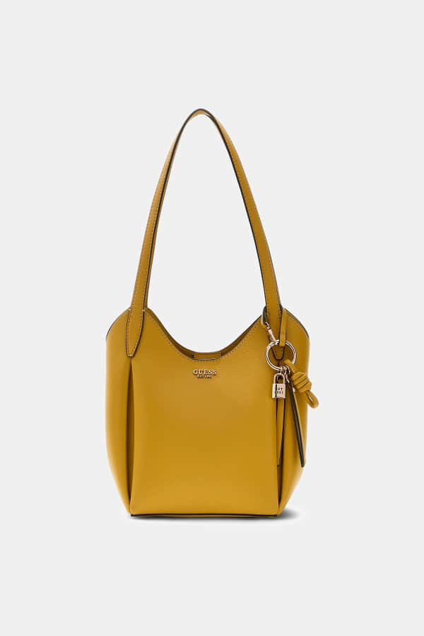 Gelbe Guess Melody Bucket Bag mit goldfarbenen Metallbeschlägen