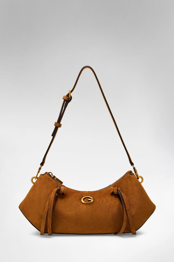 Braune Guess Allegra Wildleder Schultertasche mit Fransen